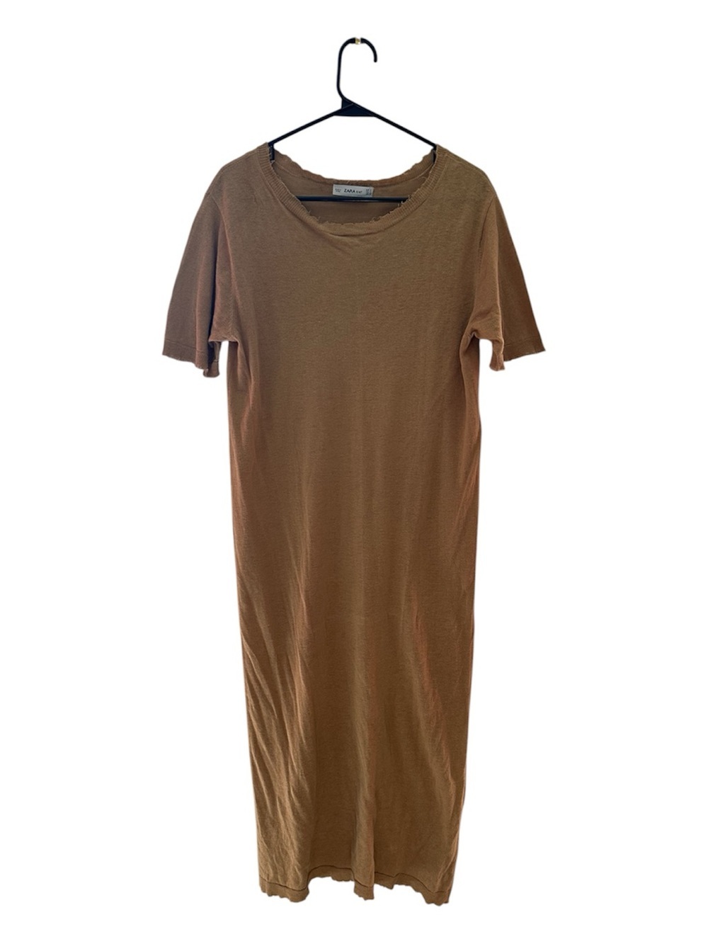 Zara Tan Linen/Cotton Blend Midi T-Shirt Dress w/ Distressed Hem Size Small